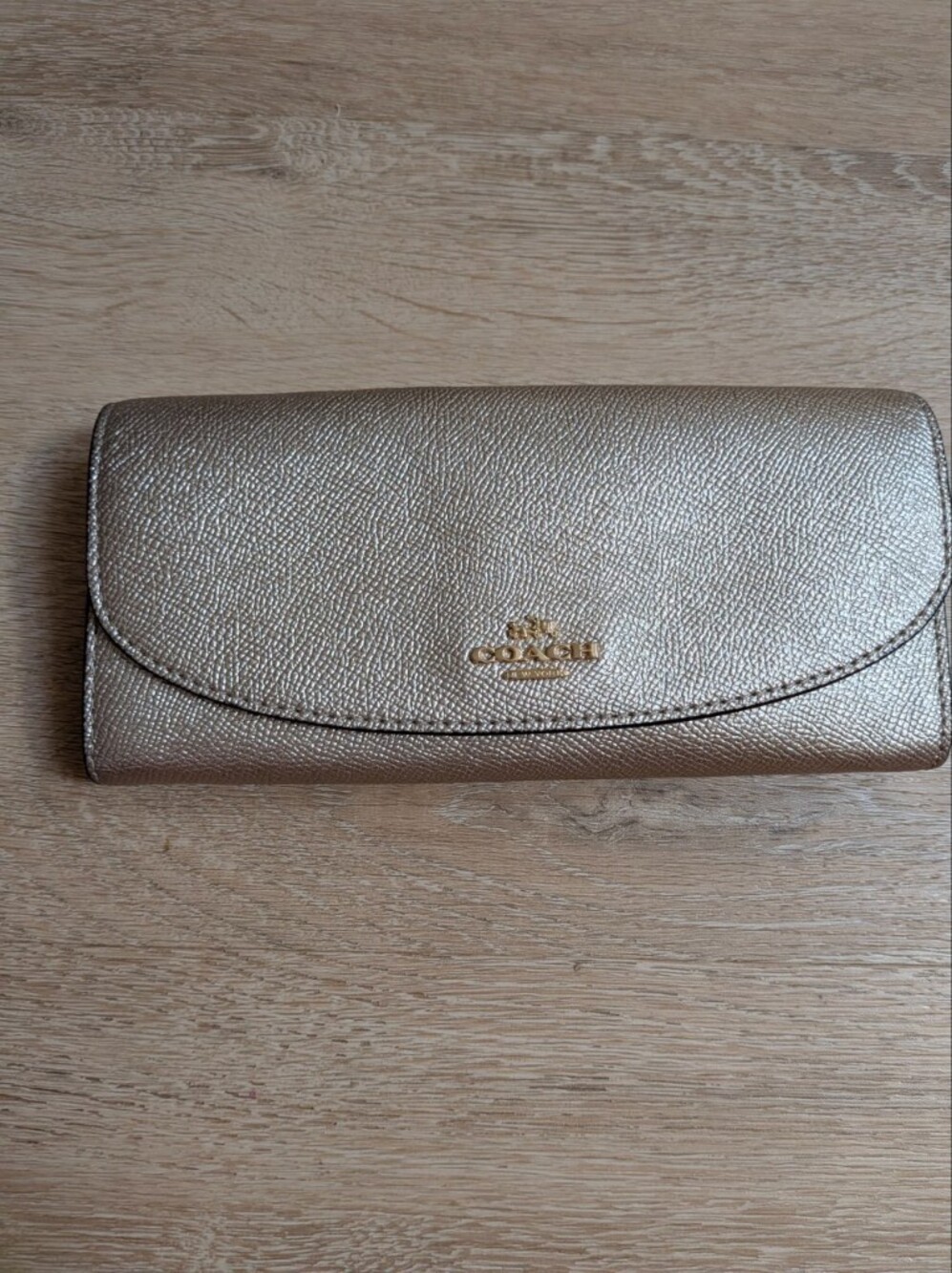 Vintage Coach Metallic Champagne Gold Leather Continental Flat Flap Wallet